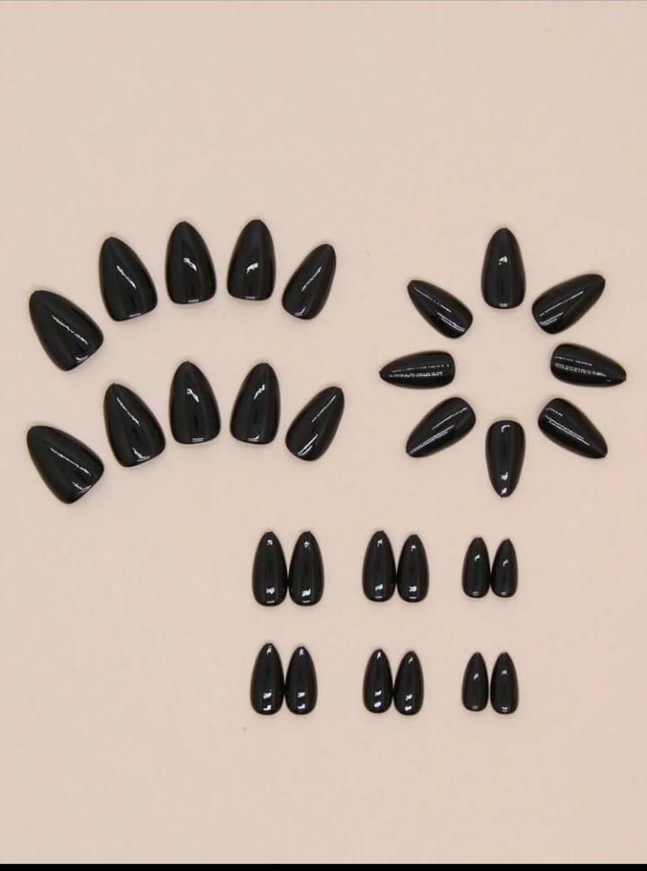 glossy black almond nails