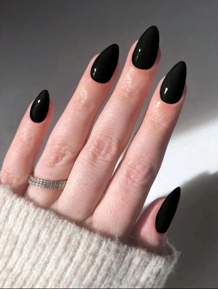 glossy black almond nails