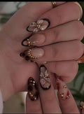 French Acrylic False Nails With Golden Beads. These Medium-Length