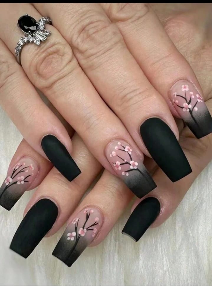 Middle Length Black And Pink Gradient With Cherry Blossom Design
