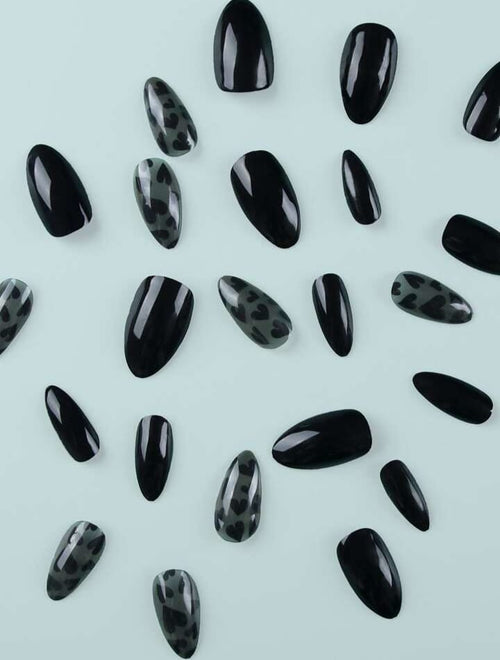 24pcs Long Almond Black &amp; Heart Design Fake Nail Kit