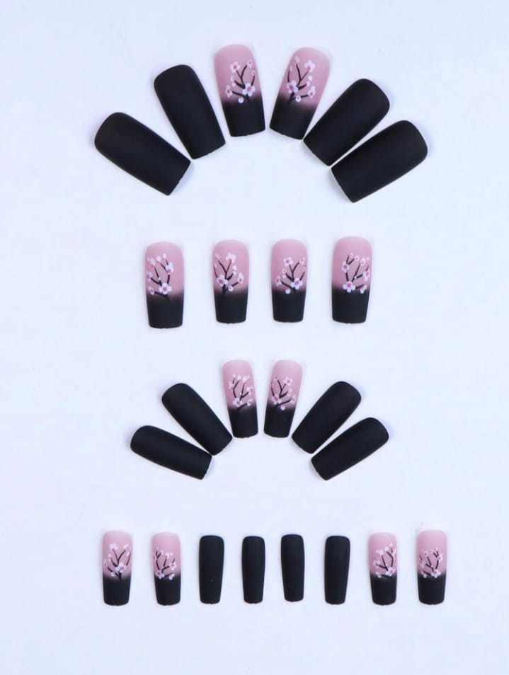 Middle Length Black And Pink Gradient With Cherry Blossom Design