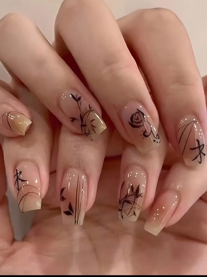 Elegant Ink Painting Style Bamboo Leaves &amp; Rose Design False Nails