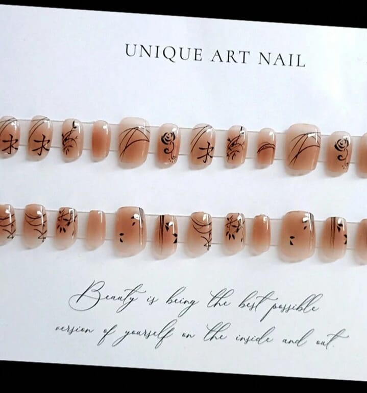 Elegant Ink Painting Style Bamboo Leaves &amp; Rose Design False Nails