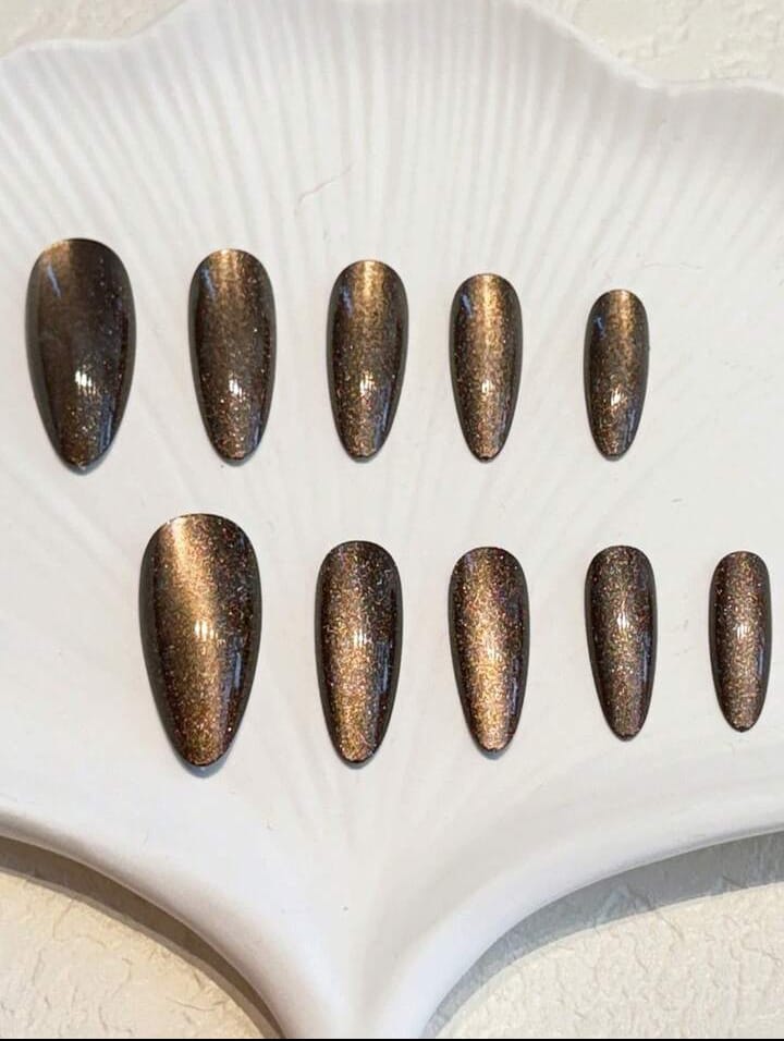 Glossy Brown Cat Eye Almond Nail