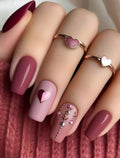 hort Square Fake Nails, Combining Deep Red And Nude Pink With Heart And Pearl Accents