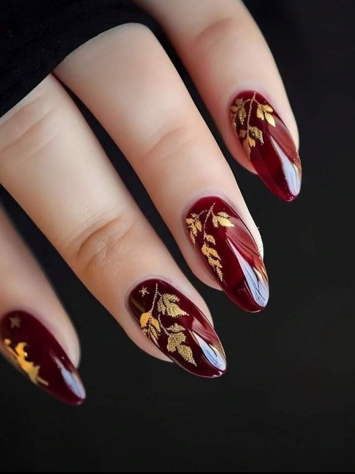 Romantic Vibe With Shiny Luxury Gold, Pink And Burgundy Glitter Fake Nails