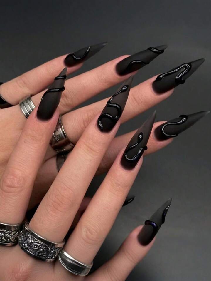Almond Shaped Black 3D Nail Stickers, Snake Pattern Extra Long Stiletto Glossy