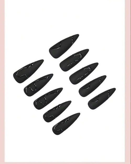 Almond Shaped Black 3D Nail Stickers, Snake Pattern Extra Long Stiletto Glossy