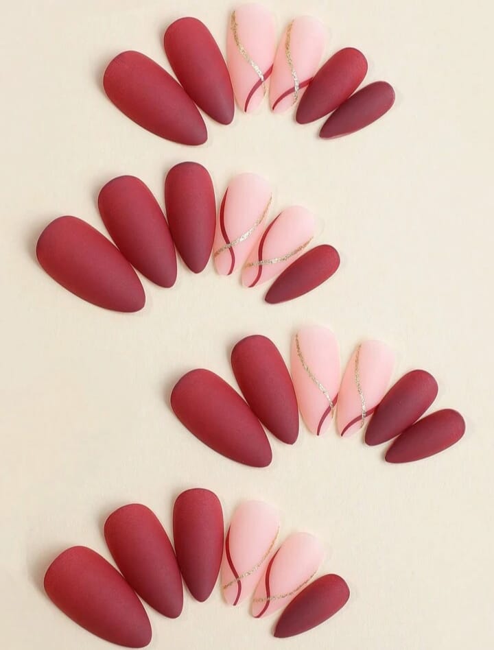 Matte Almond Shaped Press-On Nail Strips, Gold &amp; Red Striped, Elegant Style
